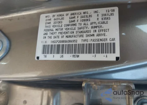 2009 Honda Accord 2.4 Ex-L from USA, damaged, VIN 1HGCP26889A084952